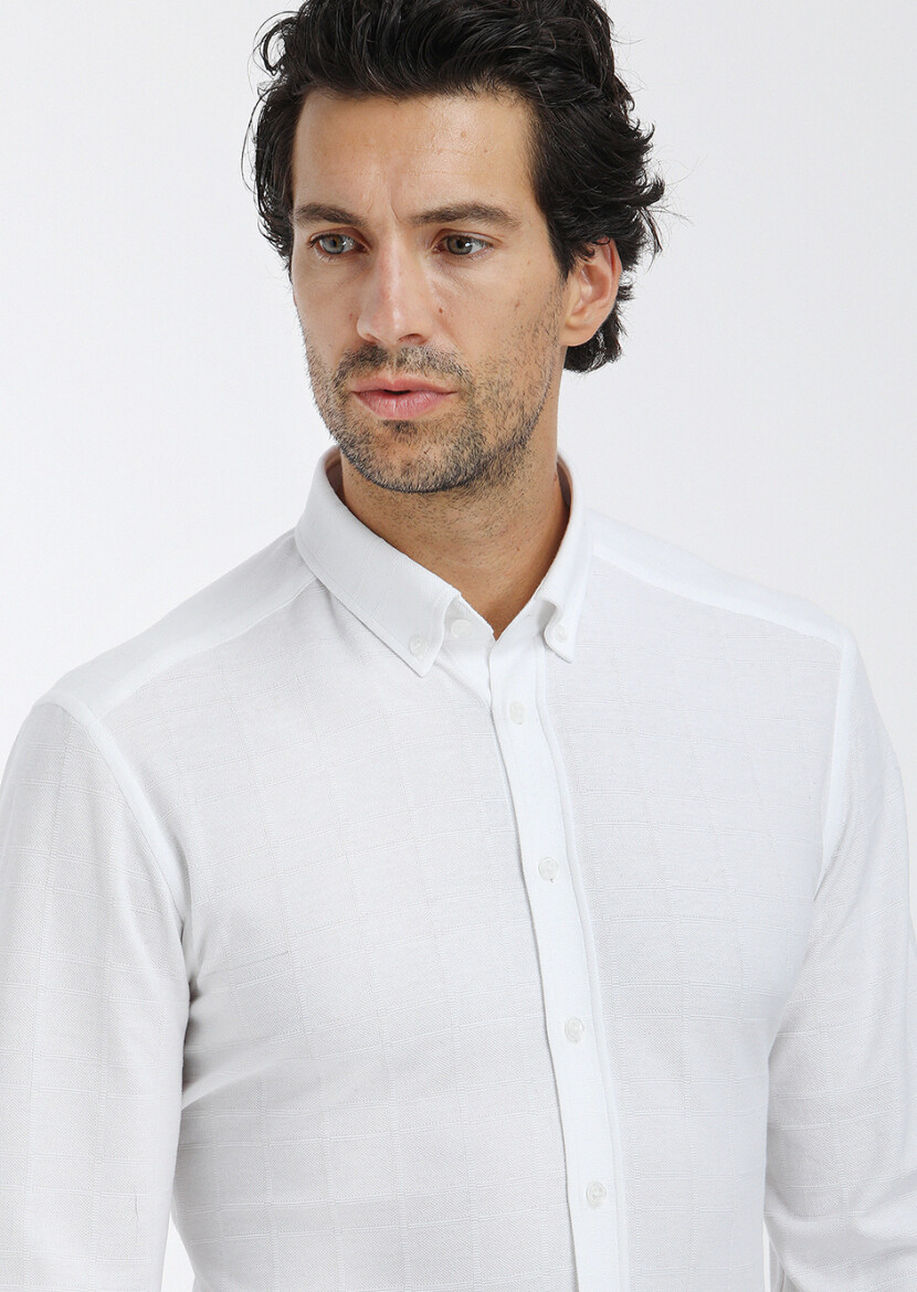 White Checkered Slim Fit Long Knitting Casual 100% Cotton Shirt - 2