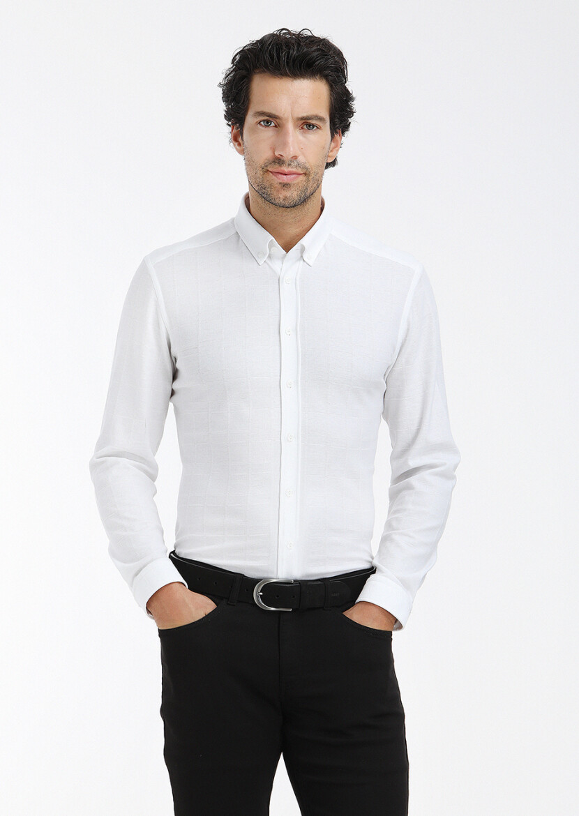 White Checkered Slim Fit Long Knitting Casual 100% Cotton Shirt - 3