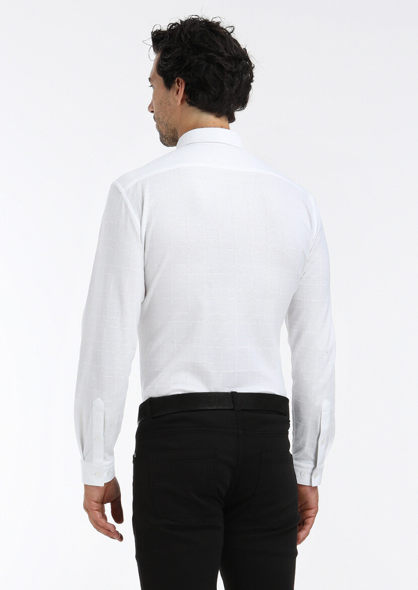 White Checkered Slim Fit Long Knitting Casual 100% Cotton Shirt - 4