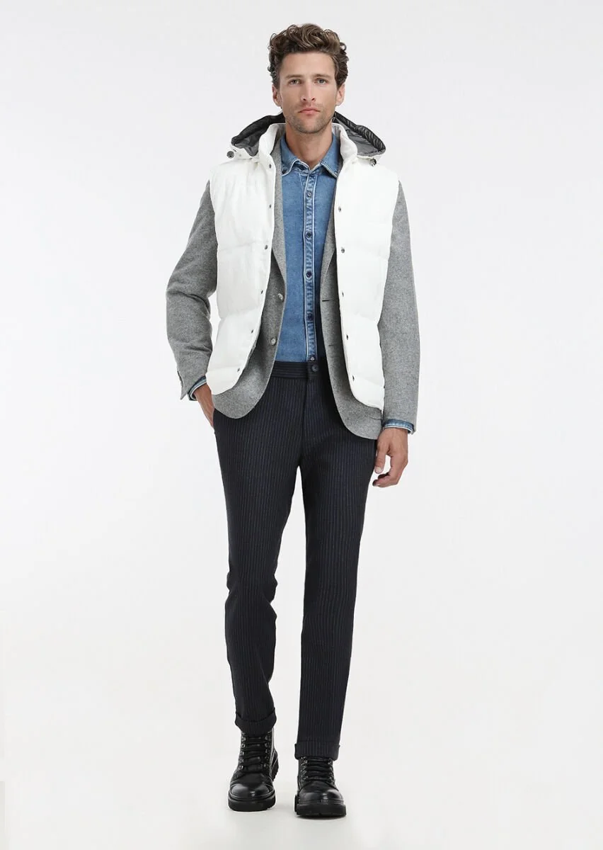 White Cotton Blended Weaving Puffer Vest - 1