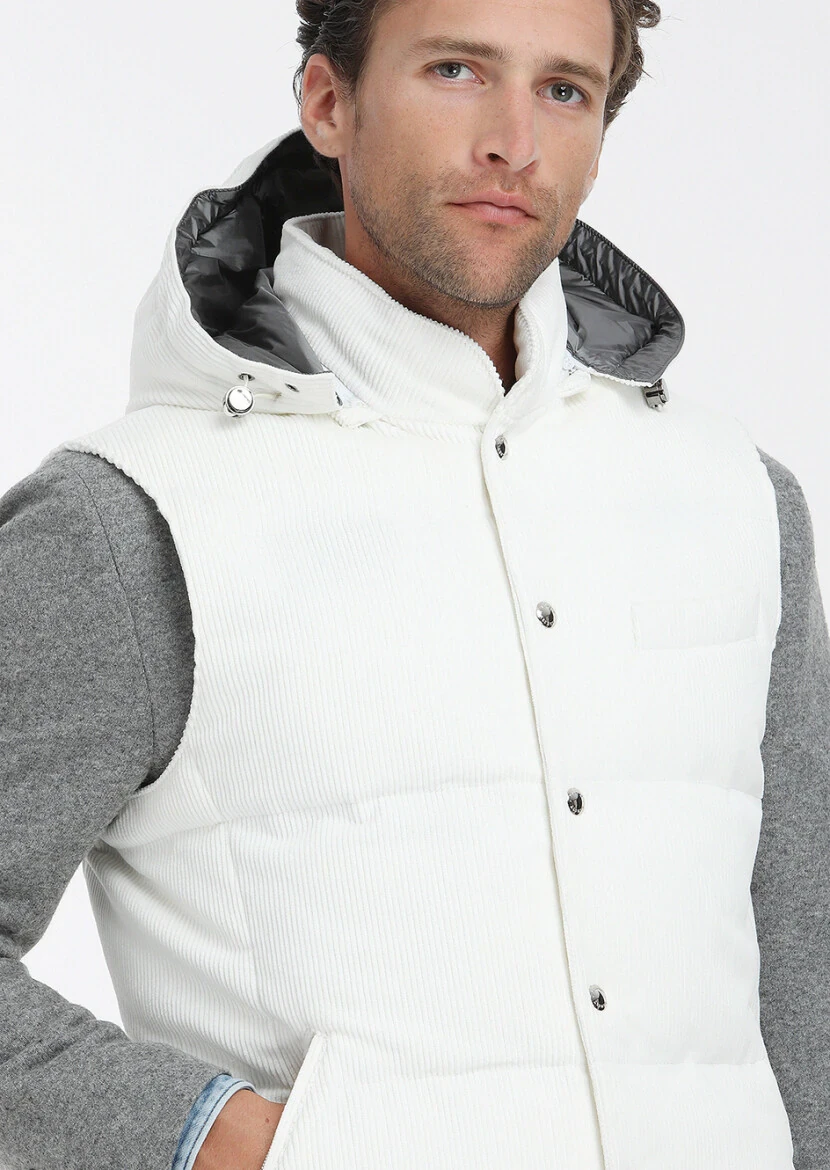 White Cotton Blended Weaving Puffer Vest - 2