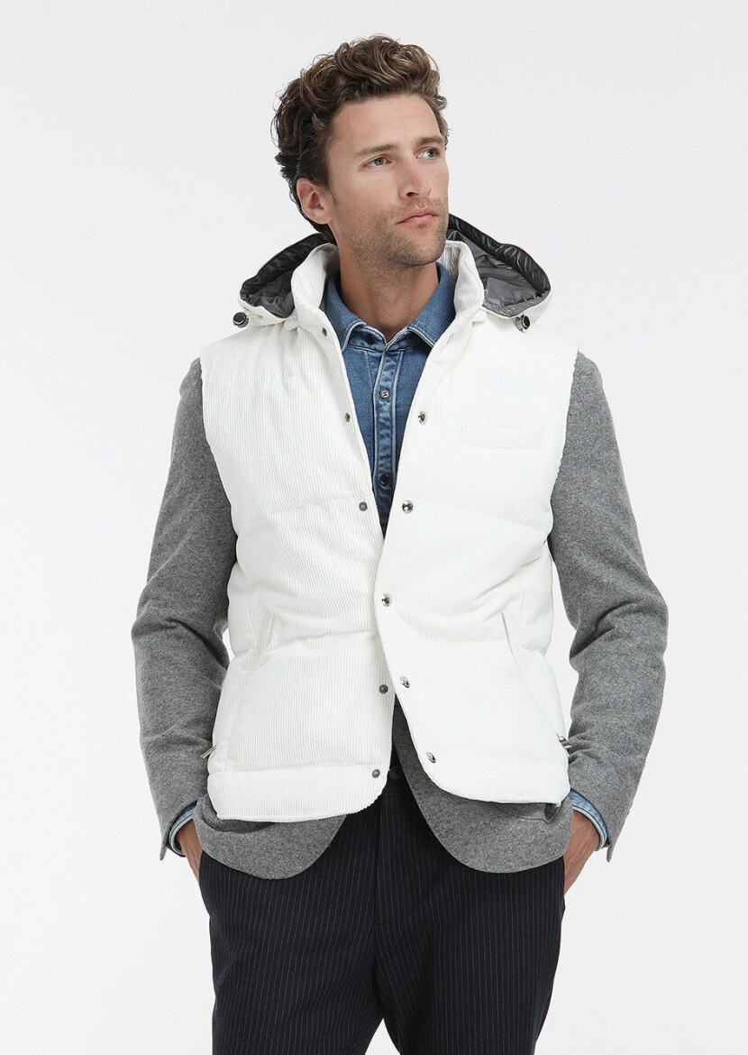 White Cotton Blended Weaving Puffer Vest - 3