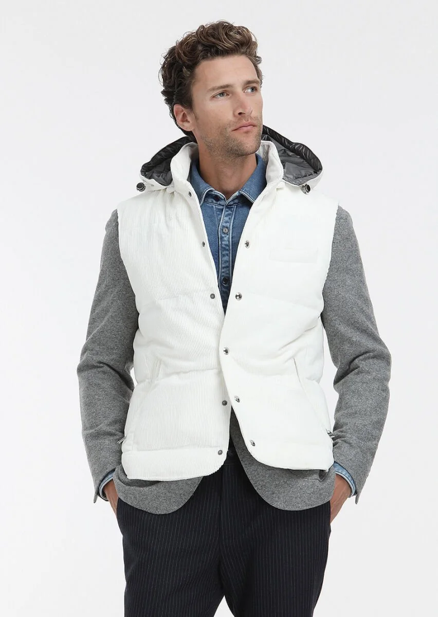 White Cotton Blended Weaving Puffer Vest - 3