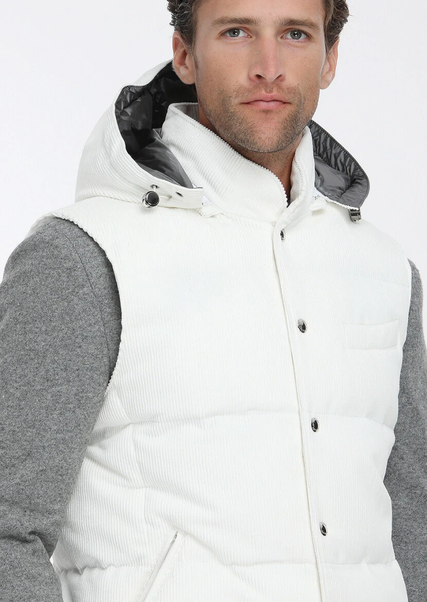 White Cotton Blended Weaving Puffer Vest - 4