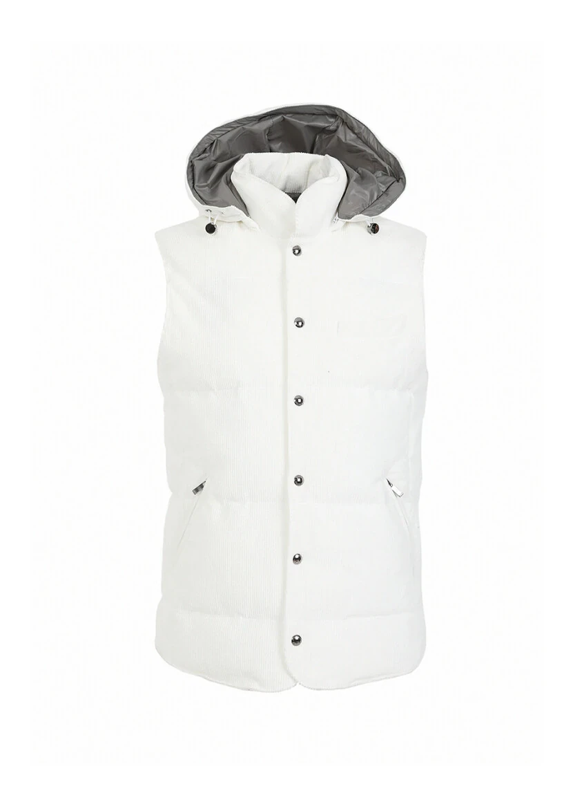 White Cotton Blended Weaving Puffer Vest - 6