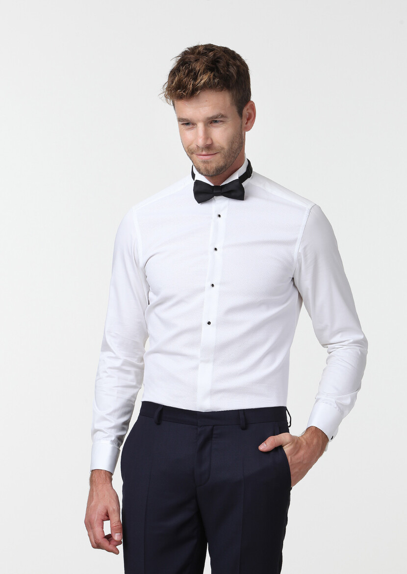 White Fitted Fit Double Cuff Wing Collar Tuxedo Shirts - 1