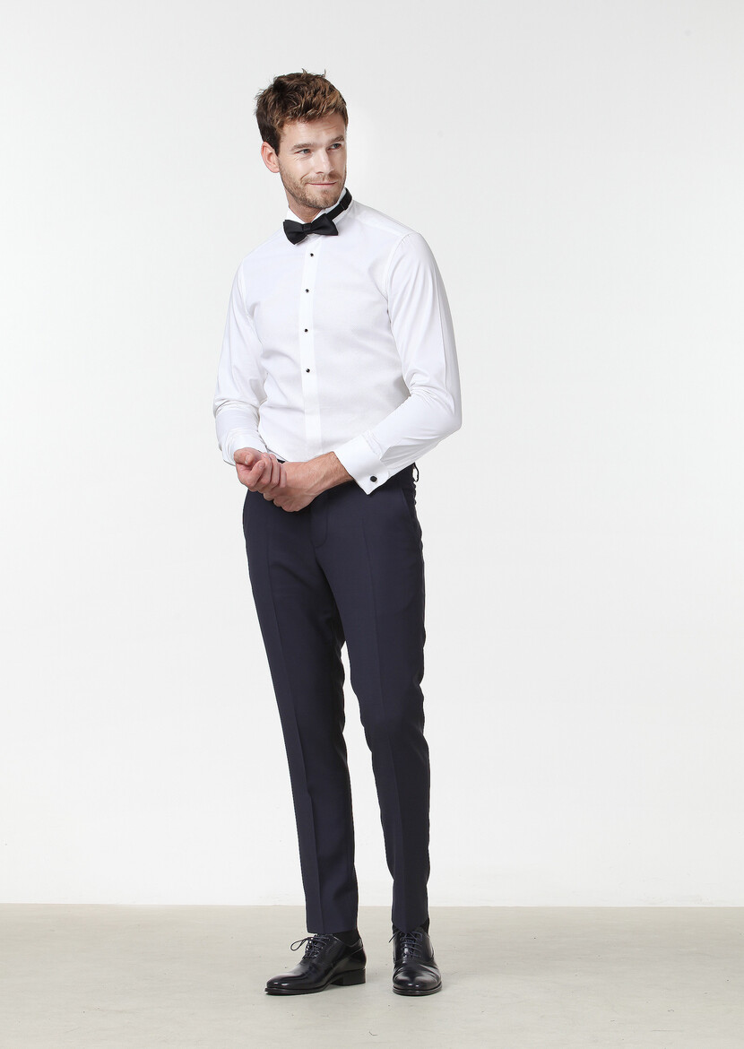 White Fitted Fit Double Cuff Wing Collar Tuxedo Shirts - 3