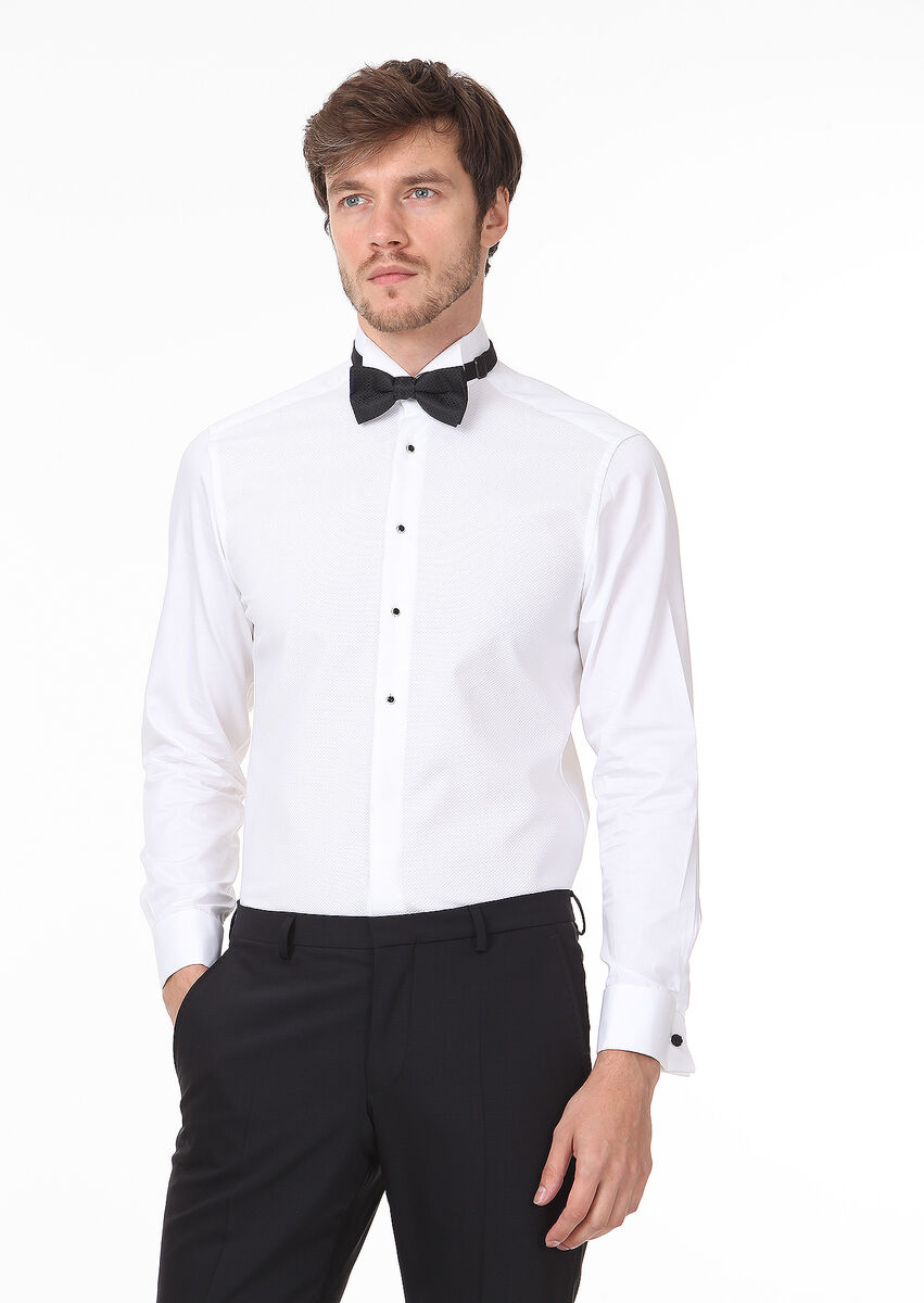 White Fitted Fit Double Cuff Wing Collar Tuxedo Shirts - 1