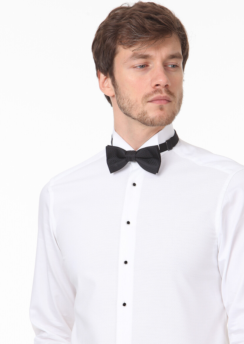 White Fitted Fit Double Cuff Wing Collar Tuxedo Shirts - 2