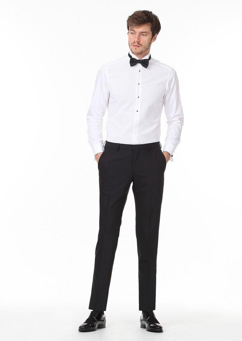 White Fitted Fit Double Cuff Wing Collar Tuxedo Shirts - 3