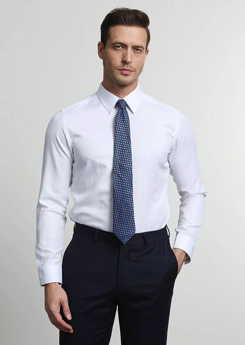 White Fitted Fit Weaving Classical Cotton Blended Shirt - 1