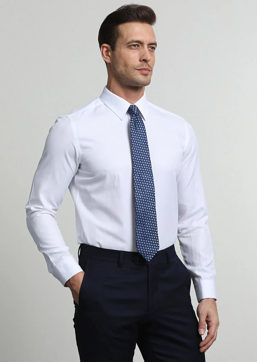 White Fitted Fit Weaving Classical Cotton Blended Shirt - 3