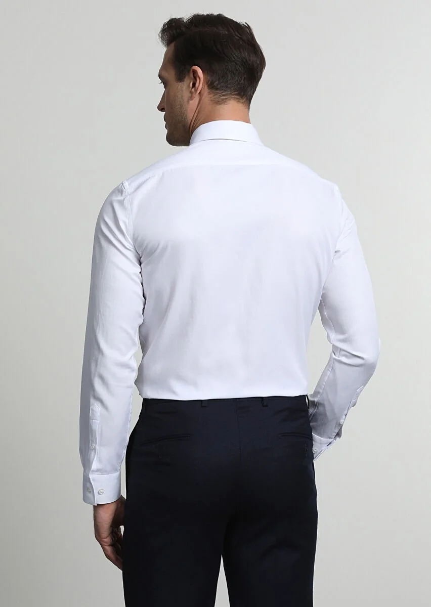 White Fitted Fit Weaving Classical Cotton Blended Shirt - 4