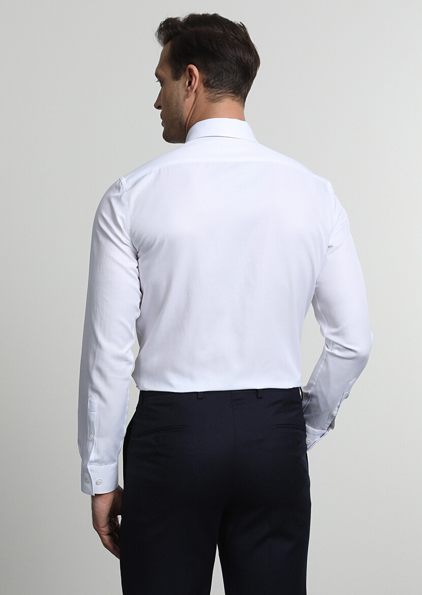 White Fitted Fit Weaving Classical Cotton Blended Shirt - 4