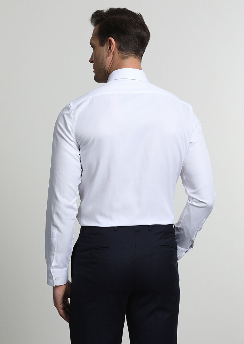 White Fitted Fit Weaving Classical Cotton Blended Shirt - 4