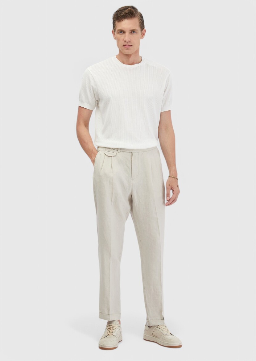 White Jacquard Crew Neck 100% Cotton T-Shirt - RAMSEY