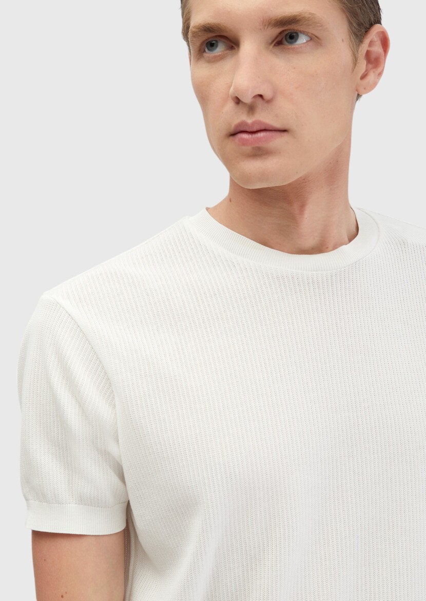 White Jacquard Crew Neck 100% Cotton T-Shirt - 4