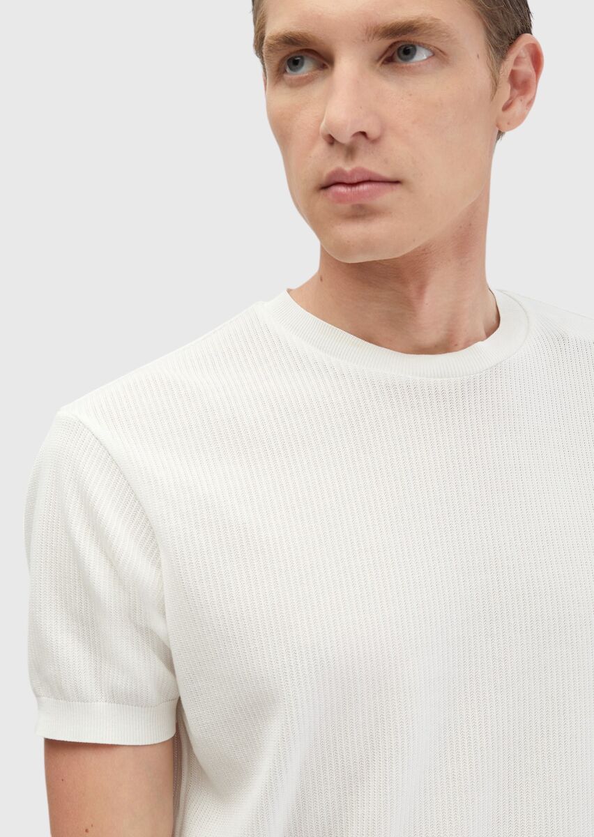 White Jacquard Crew Neck 100% Cotton T-Shirt - 4