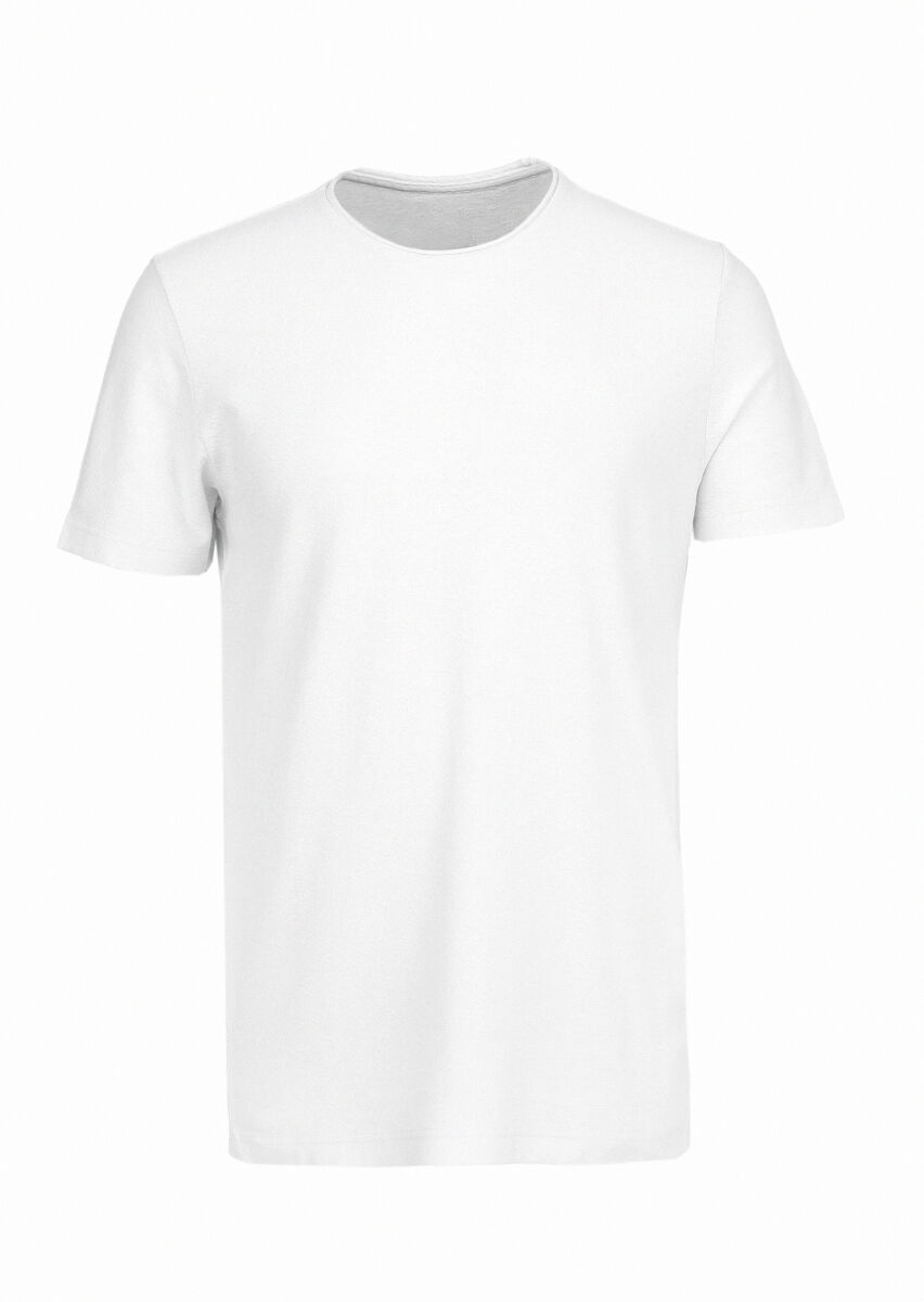 White Jacquard Crew Neck Cotton Blended T-Shirt - 1
