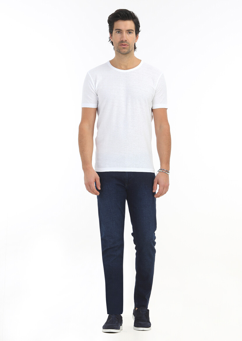 White Jacquard Crew Neck Cotton Blended T-Shirt 