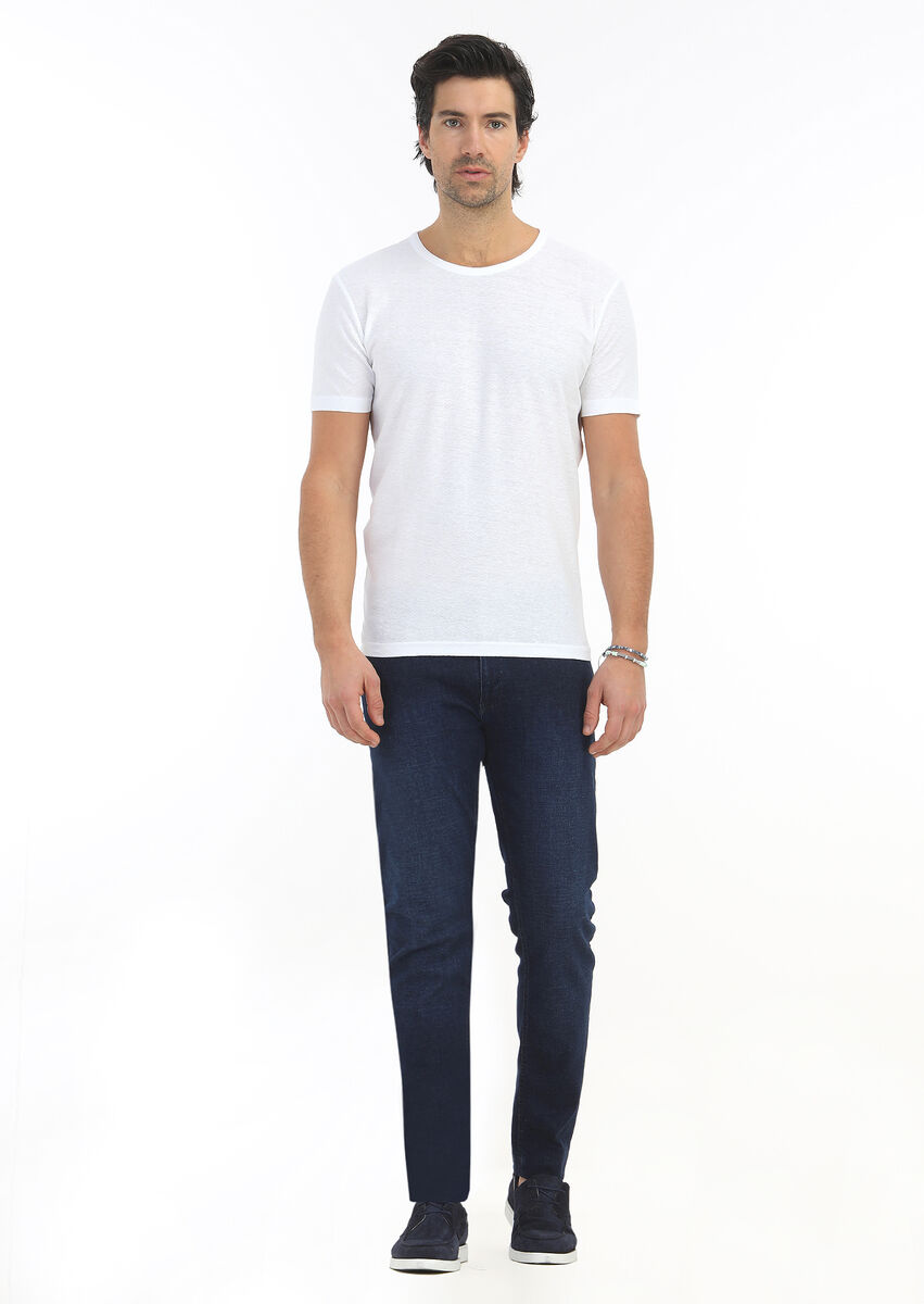 White Jacquard Crew Neck Cotton Blended T-Shirt - 1