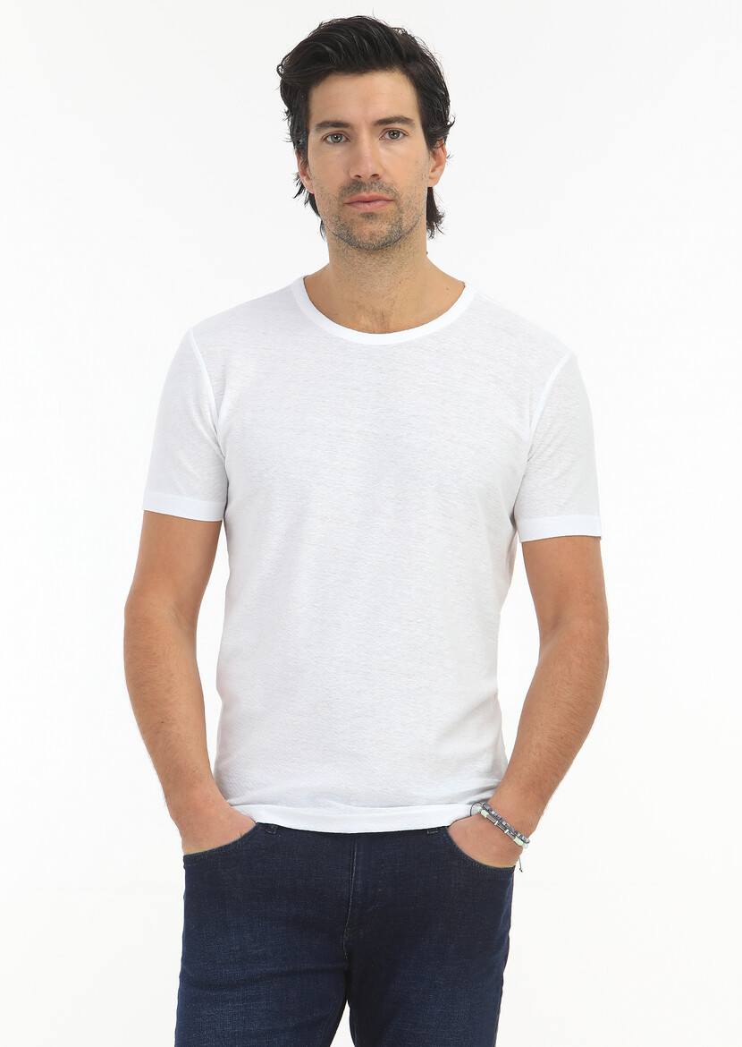 White Jacquard Crew Neck Cotton Blended T-Shirt - 2