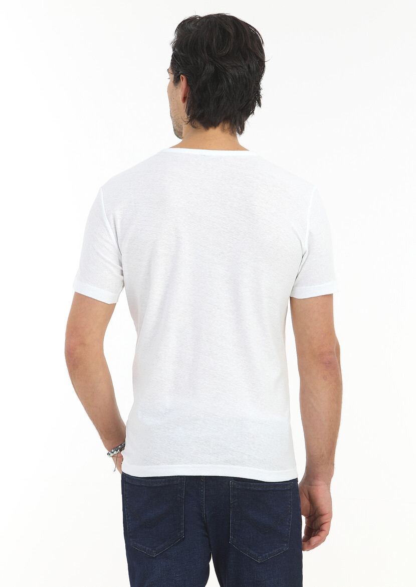 White Jacquard Crew Neck Cotton Blended T-Shirt - 5