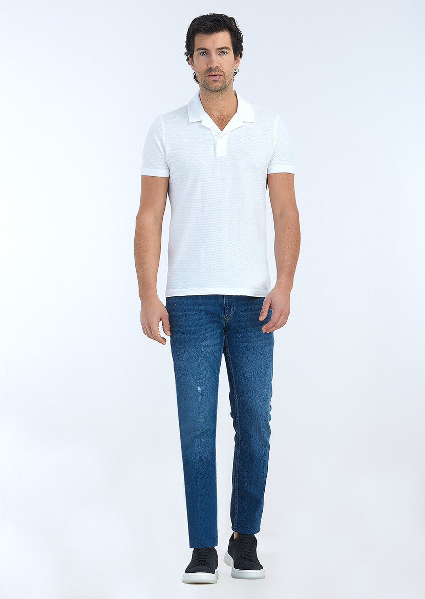 White Jacquard Cuban Collar 100% Cotton T-Shirt 