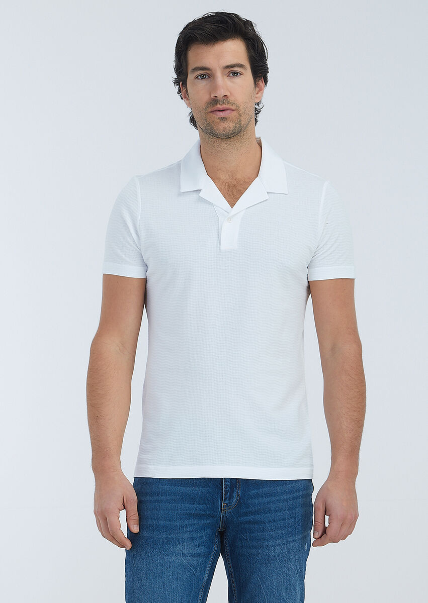 White Jacquard Cuban Collar 100% Cotton T-Shirt - 2