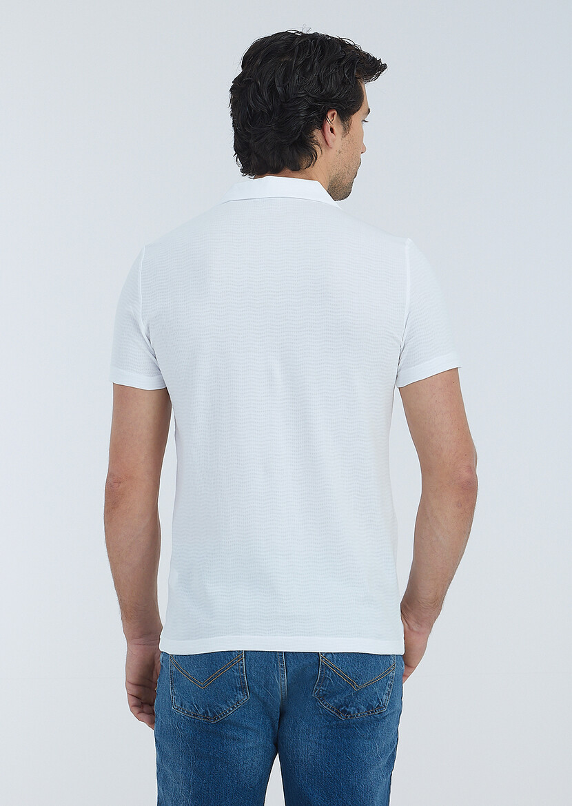 White Jacquard Cuban Collar 100% Cotton T-Shirt - 5