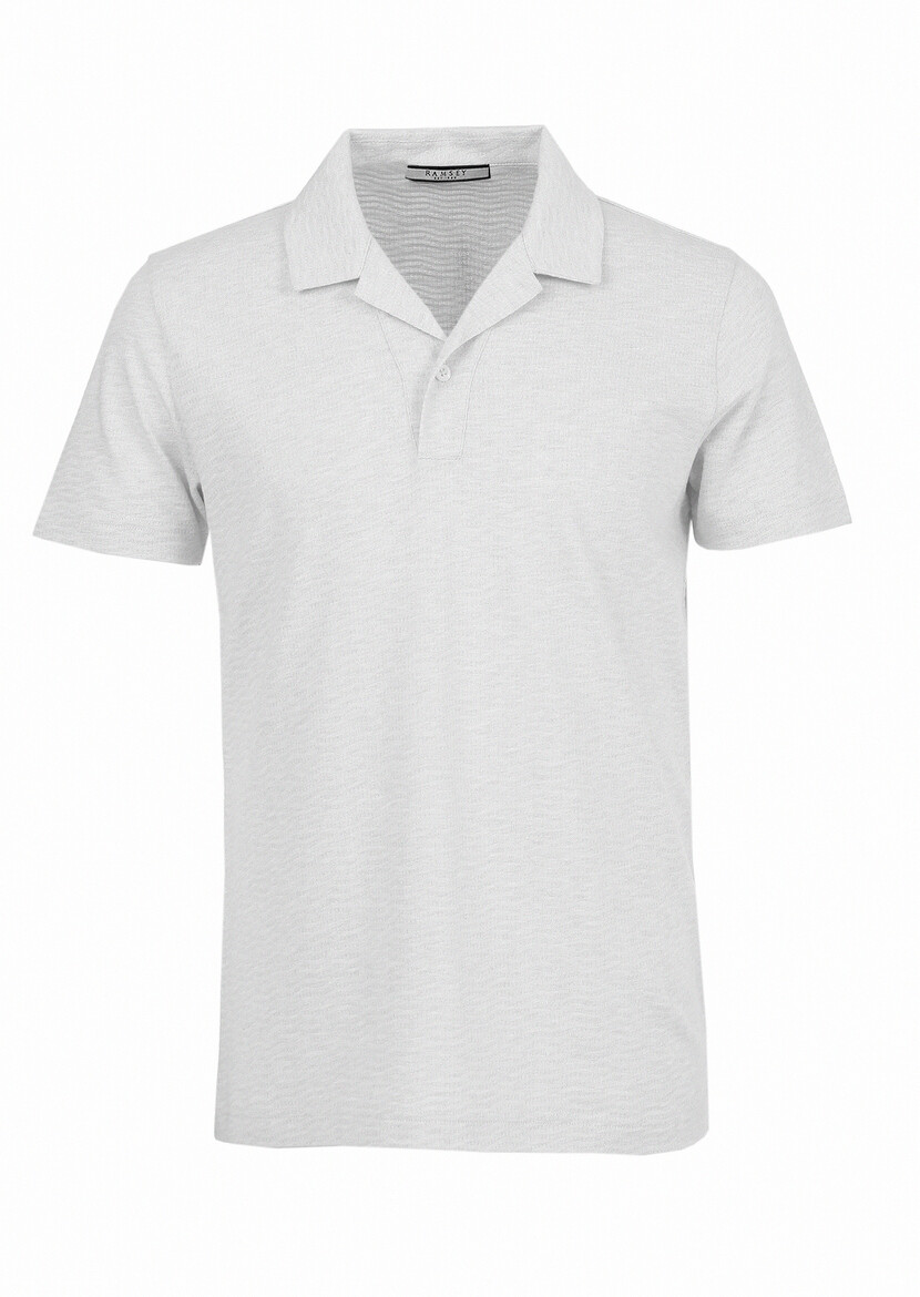 White Jacquard Cuban Collar 100% Cotton T-Shirt - 6