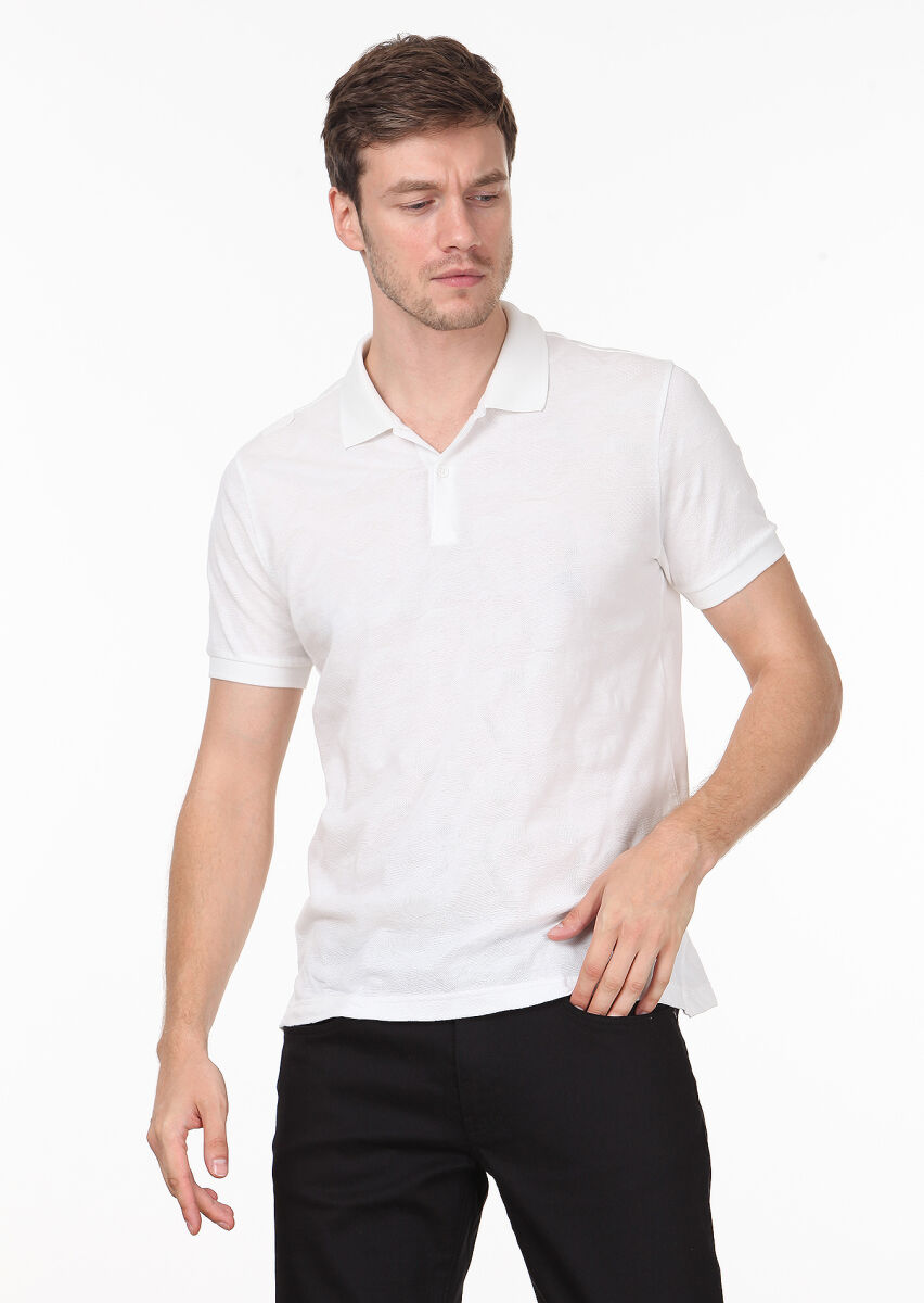 White Jacquard Polo Neck 100% Cotton T-Shirt - 1