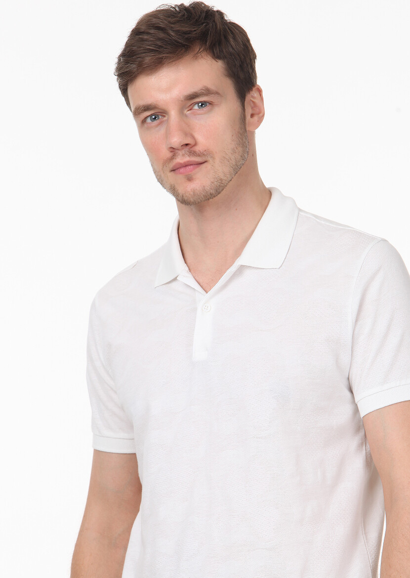 White Jacquard Polo Neck 100% Cotton T-Shirt 