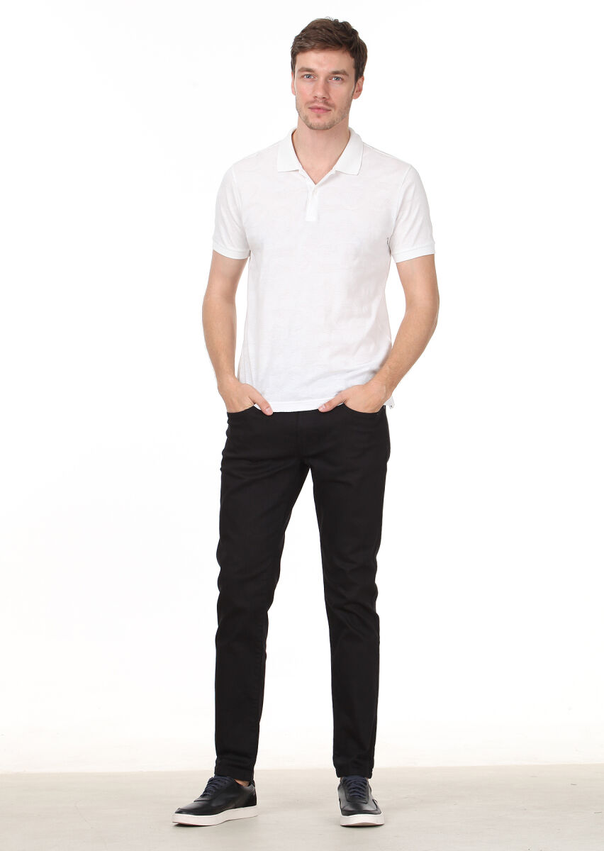 White Jacquard Polo Neck 100% Cotton T-Shirt - 3