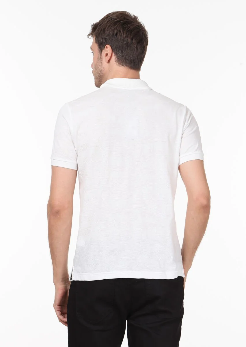 White Jacquard Polo Neck 100% Cotton T-Shirt - 4