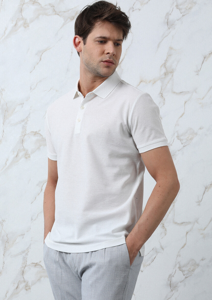 White Jacquard Polo Neck 100% Cotton T-Shirt - 1
