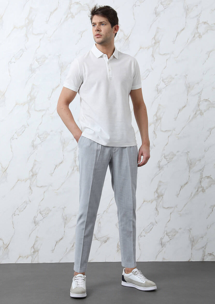 White Jacquard Polo Neck 100% Cotton T-Shirt - 3