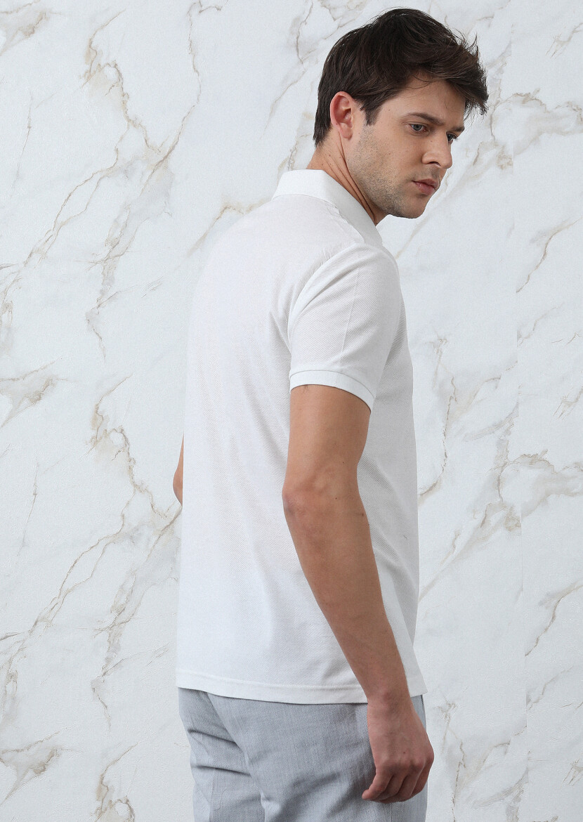 White Jacquard Polo Neck 100% Cotton T-Shirt - 5