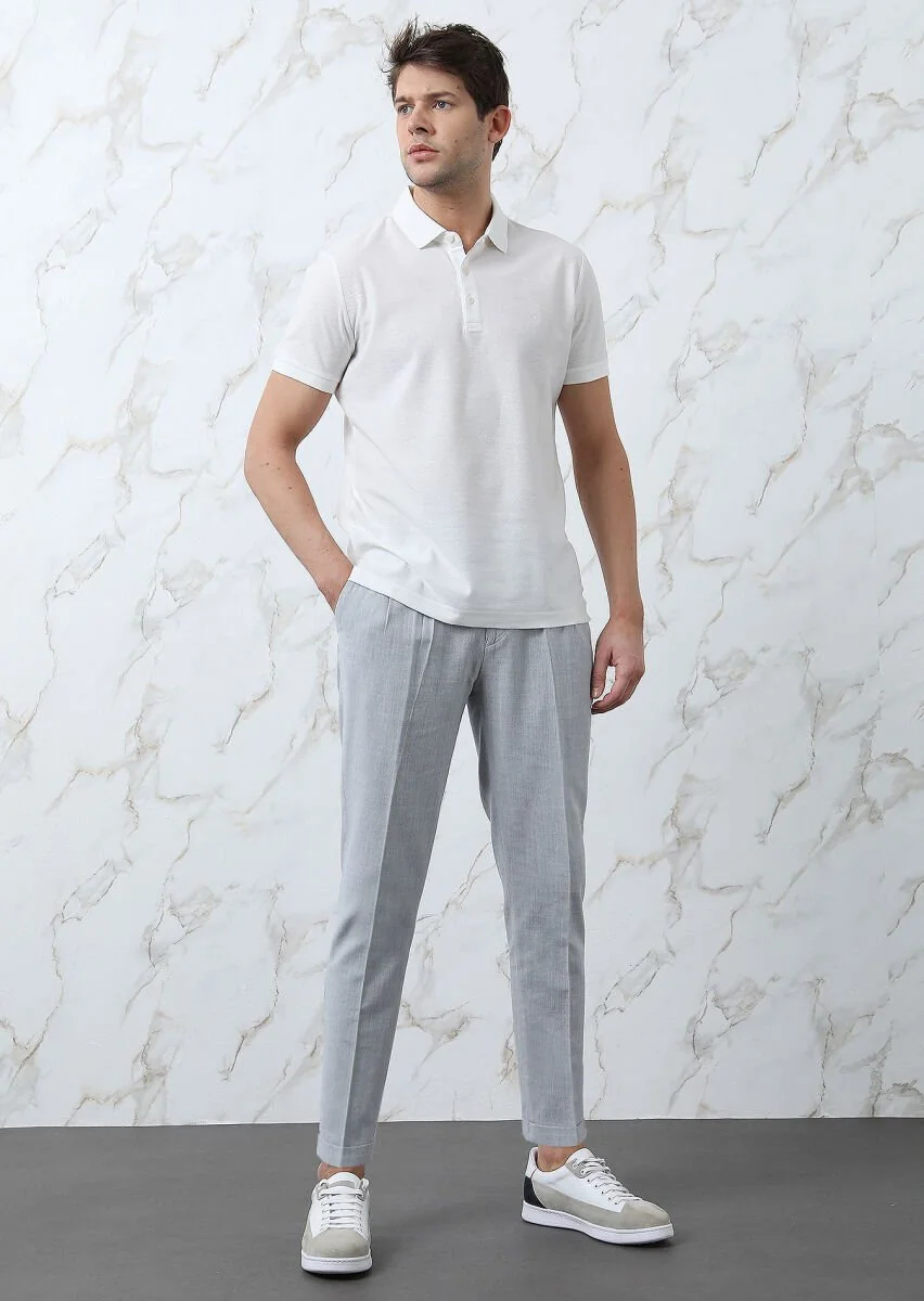 White Jacquard Polo Neck 100% Cotton T-Shirt - 3