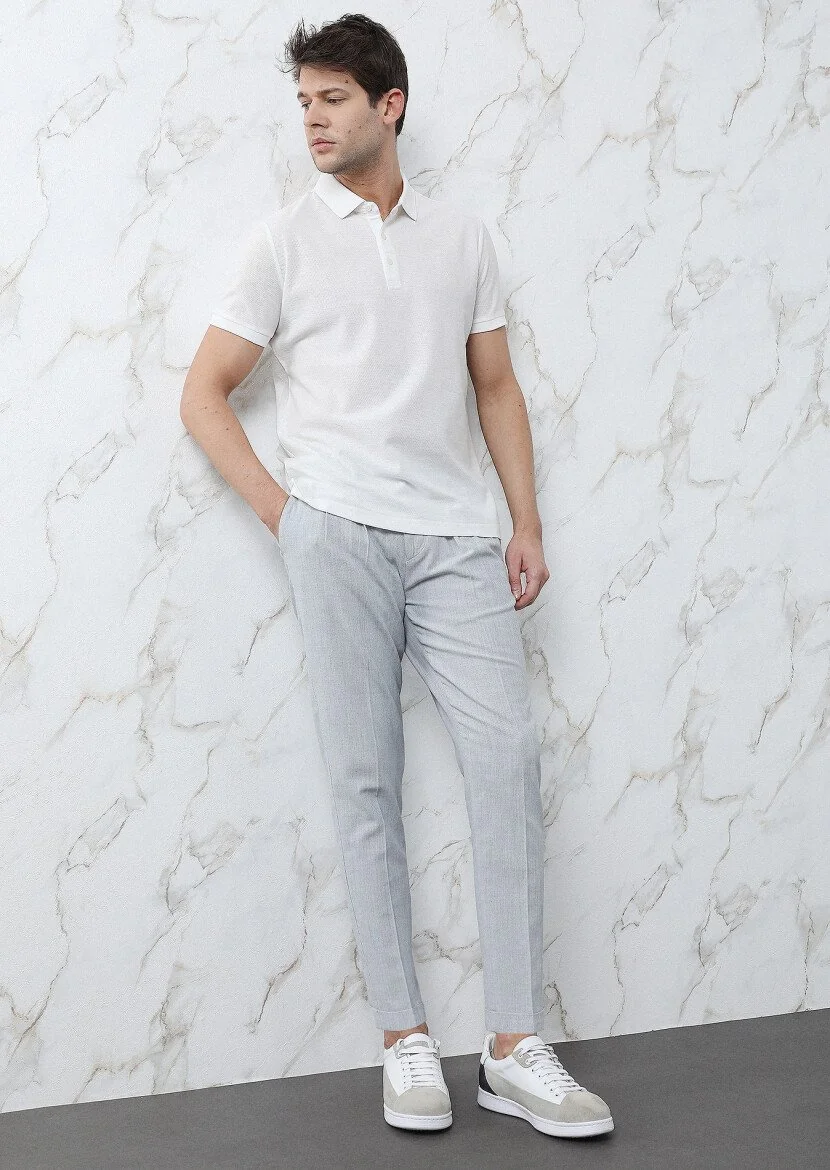 White Jacquard Polo Neck 100% Cotton T-Shirt - 4