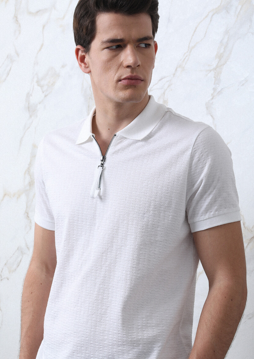White Jacquard Polo Neck 100% Cotton T-Shirt - 2