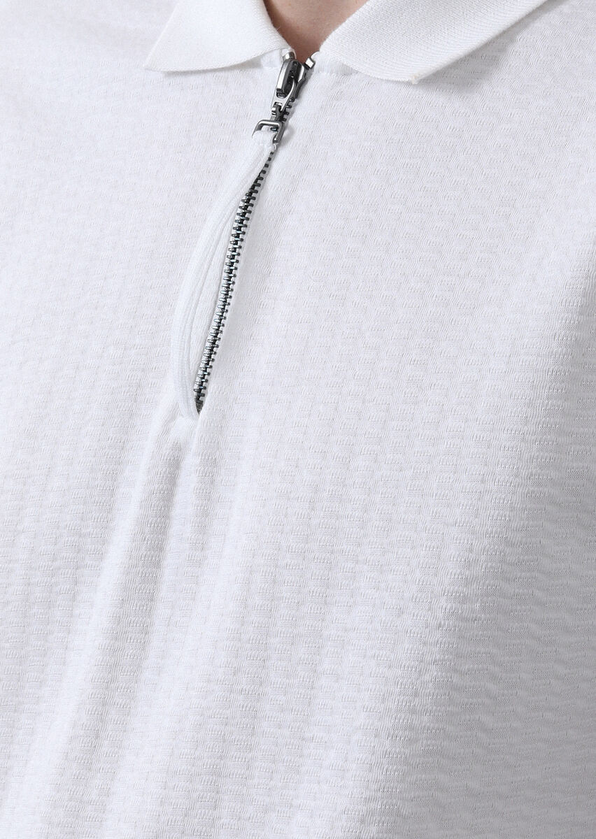 White Jacquard Polo Neck 100% Cotton T-Shirt - 4