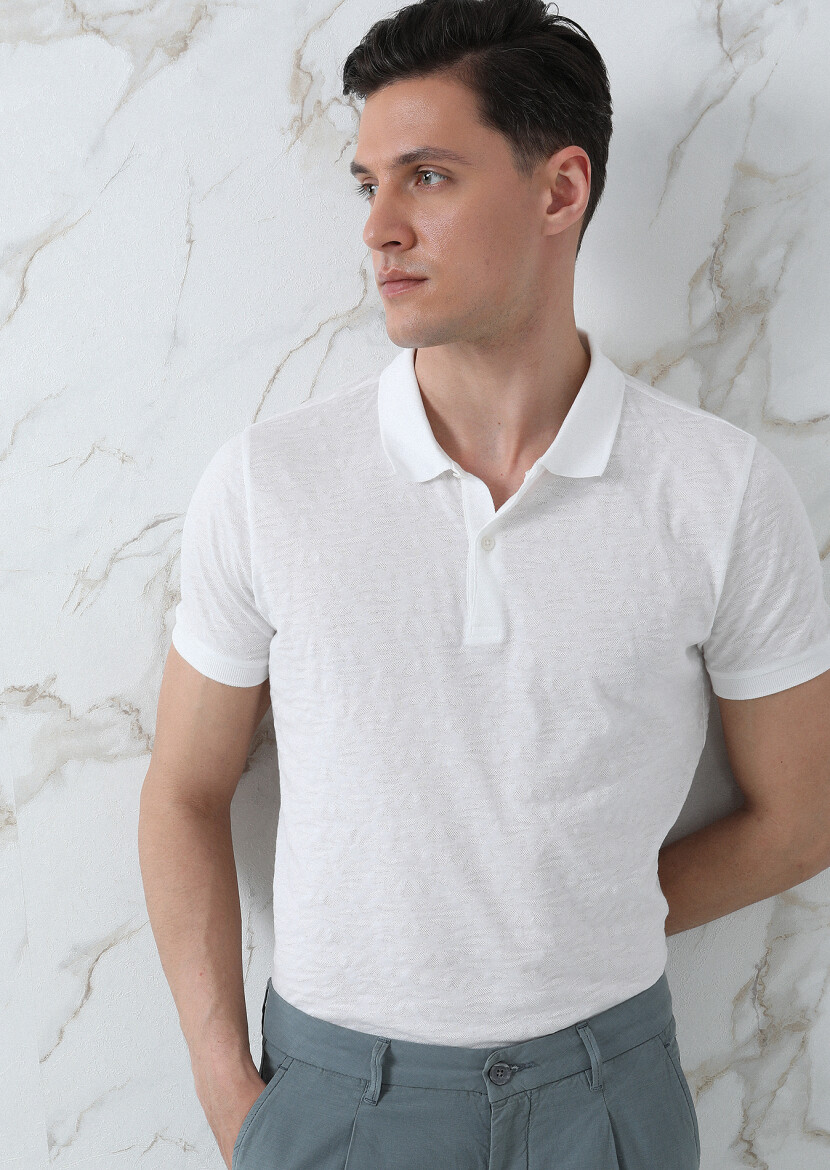 White Jacquard Polo Neck 100% Cotton T-Shirt 