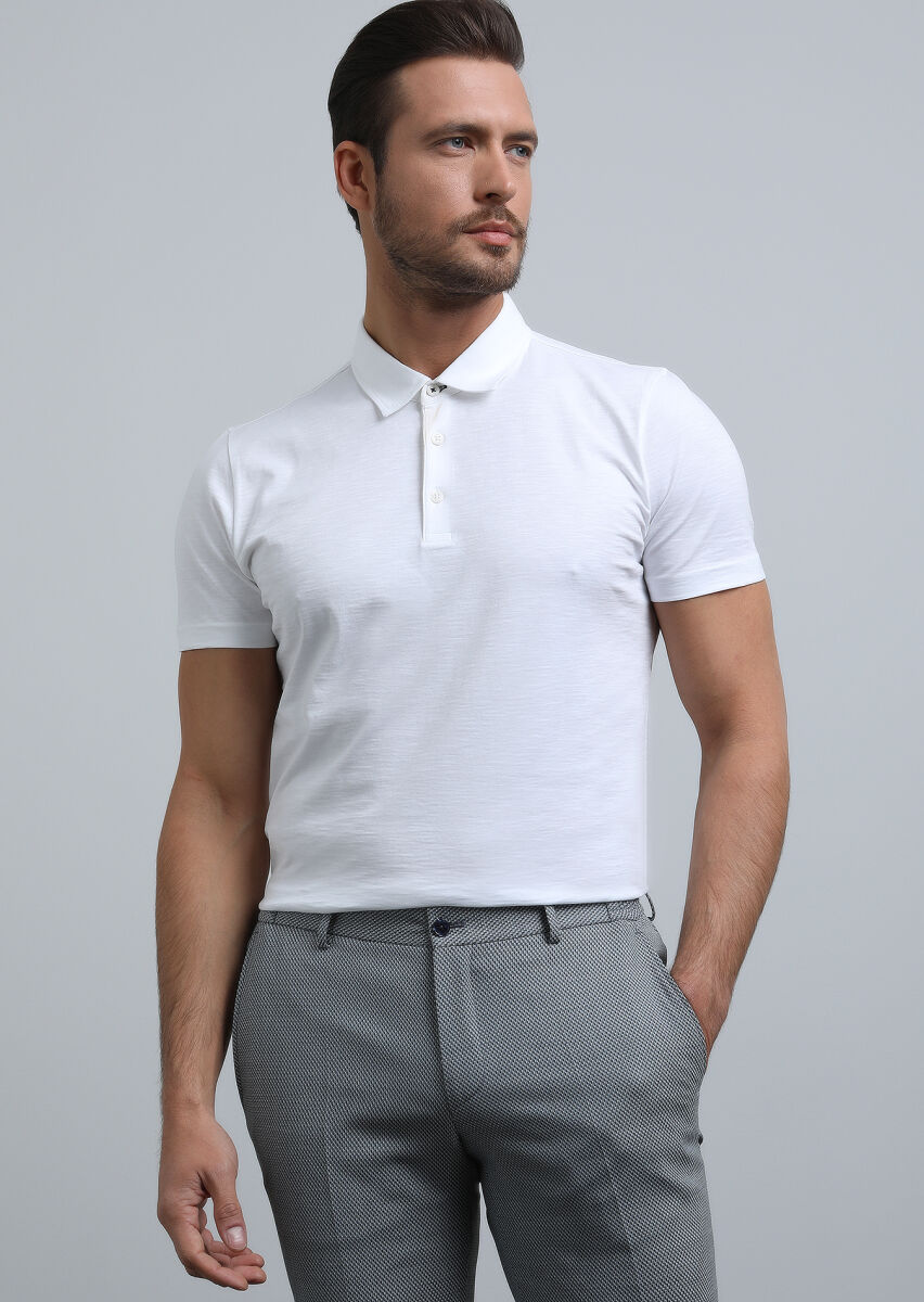 White Jacquard Polo Neck 100% Cotton T-Shirt - 2