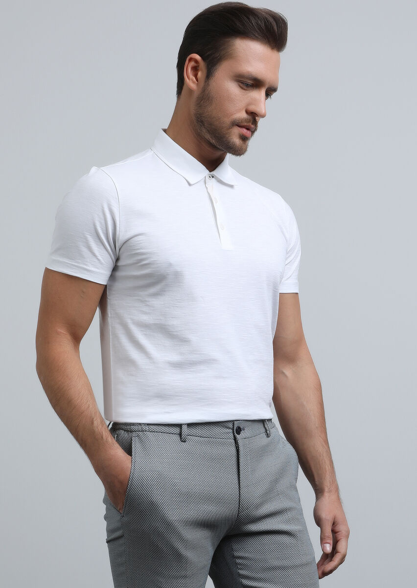 White Jacquard Polo Neck 100% Cotton T-Shirt - 4