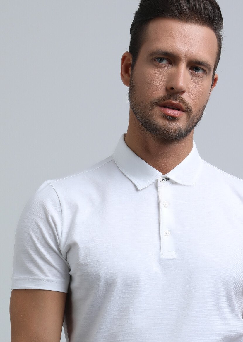 White Jacquard Polo Neck 100% Cotton T-Shirt - 1