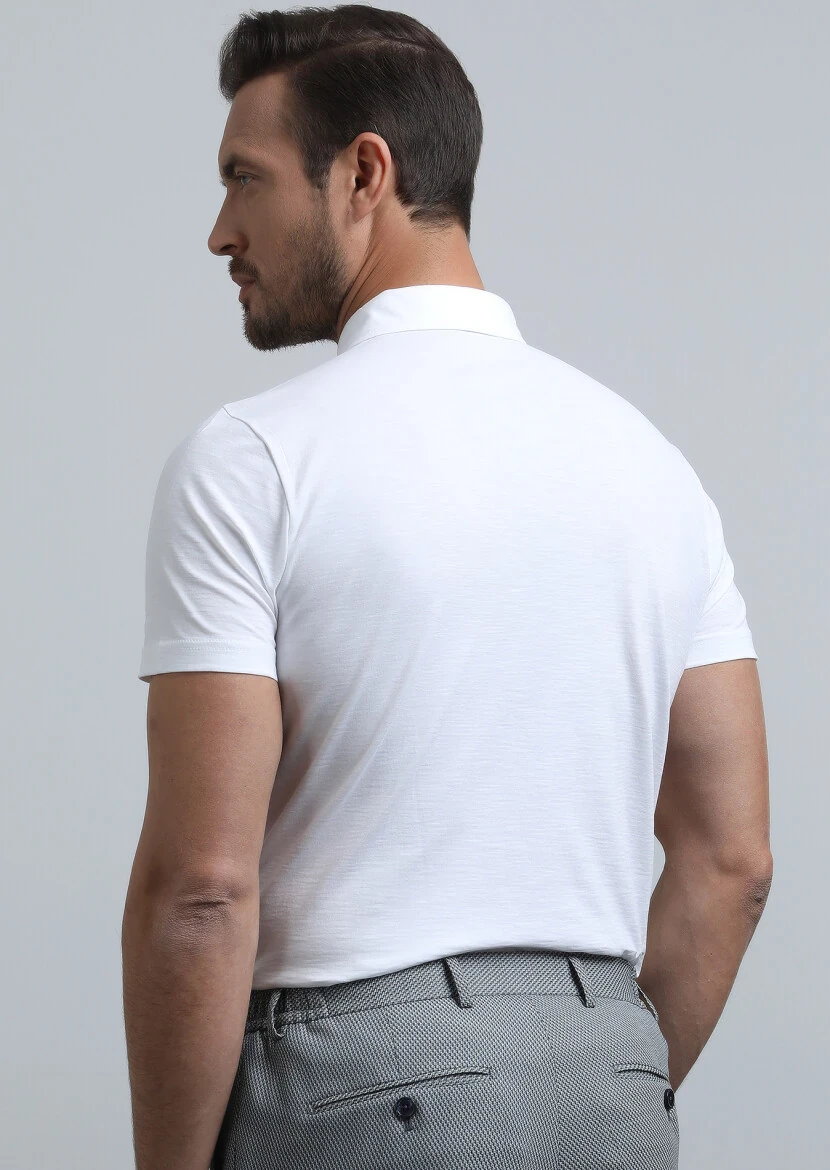 White Jacquard Polo Neck 100% Cotton T-Shirt - 5