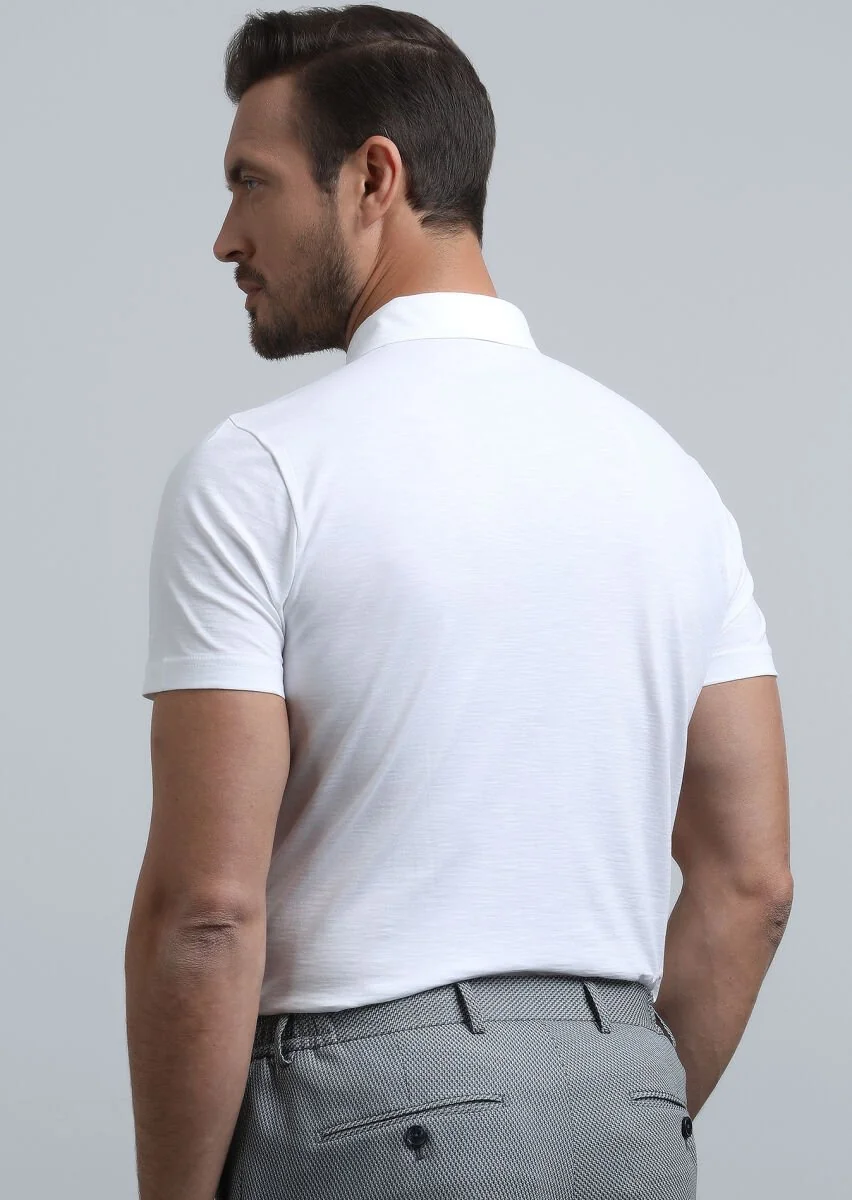 White Jacquard Polo Neck 100% Cotton T-Shirt - 5
