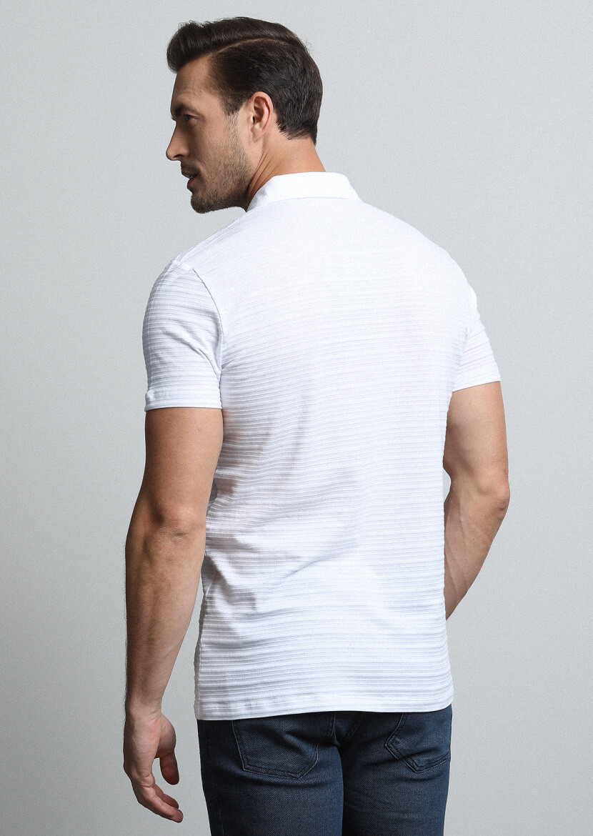 White Jacquard Polo Neck 100% Cotton T-Shirt - 5