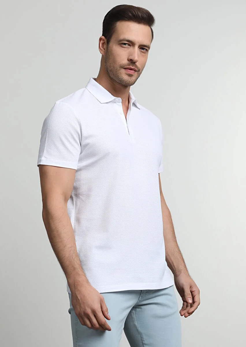 White Jacquard Polo Neck 100% Cotton T-Shirt - 1